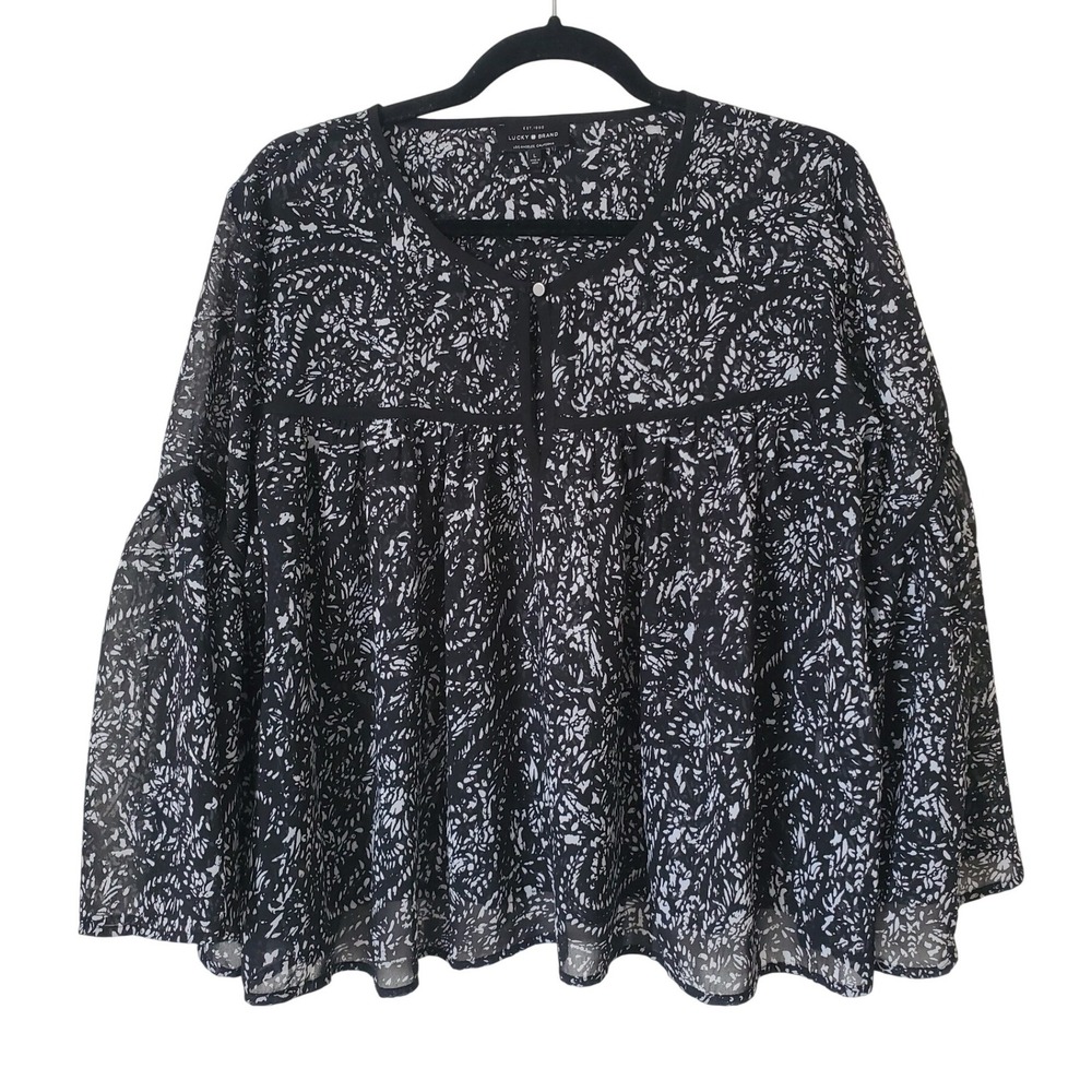 Lucky Brand‎ Womens Black WhiteChiffon Bell Sleeve Babydoll Blouse L Top Boho